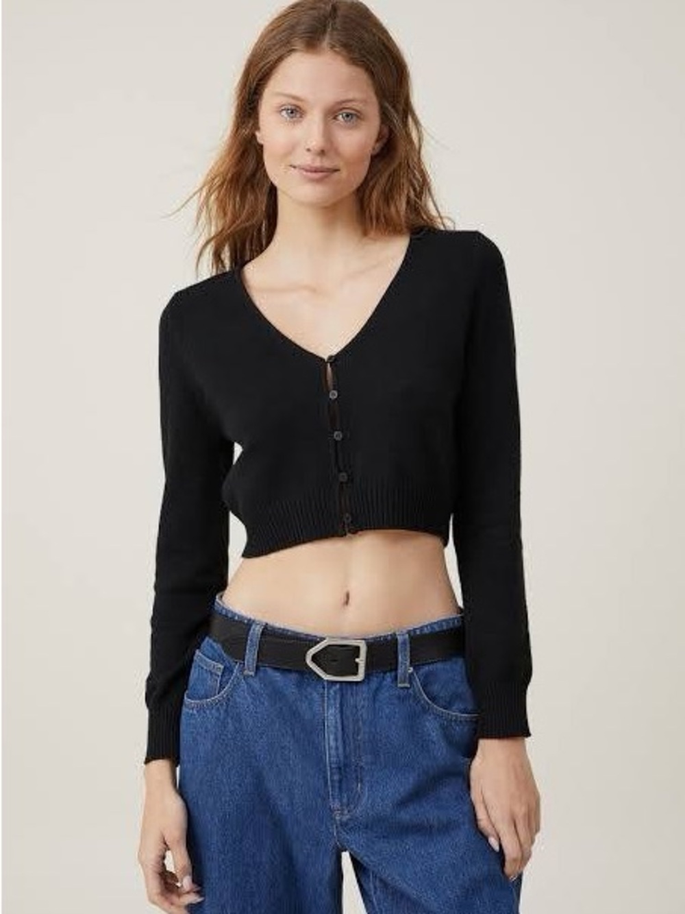 bp Black Cropped V-Neck Button Cardigan Top